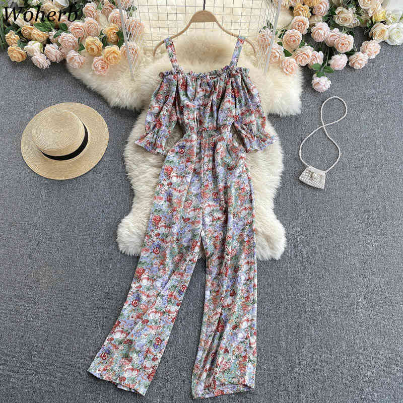 Women's Jumpsuit Summer Fashion Playsuit Sexy Off Shoulder Short Sleeve Elastic Waist Wide Leg Pants Floral Print Romper 210519