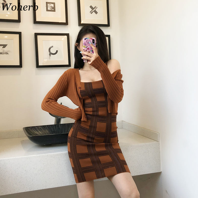 Summer Knitted Two Piece Set Women Solid Cardigan Crop Top + Plaid Spaghetti Strap Bodycon Sweater Dress 2 Suits 210519