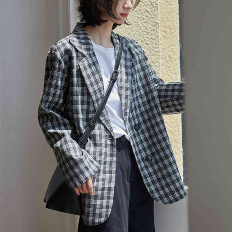 Women Elegant Plaid Blazer Jackets Spring Autumn Long Sleeve Double Button Woolen Suits Coats Female Fashion Outwear 210514