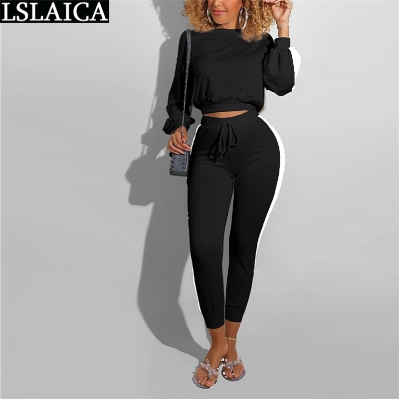 2 Piece Set Women Casual Long Sleeve Crop Top & Drawstring Pants Suit Sets Lounge Wear Autumn Sweat Suits Sportswear 210515