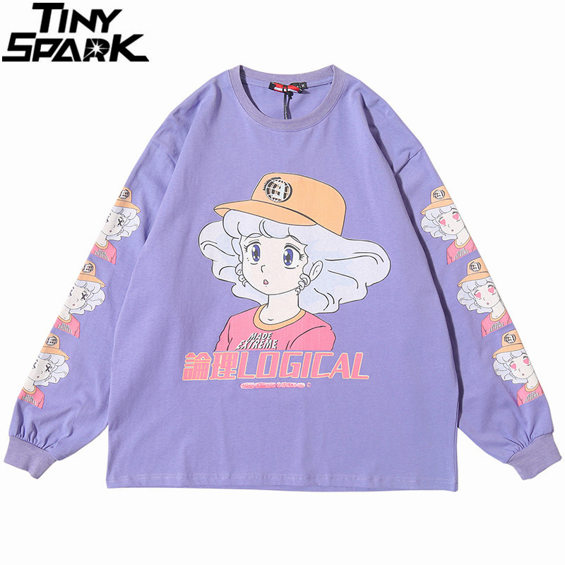Men Hip Hop T Shirt Streetwear Cartoon Girl Print Harajuku Tshirt HipHop Oversize T-shirt Anime Cotton Tops Tee Long Sleeve 210329