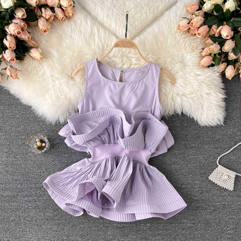 Ins Fashion Women's Bouse Summer Chic O-neck Sleeveless Stylish Pleated Ruffles Short Top Slim Elastic Waist Female Blouse 210603
