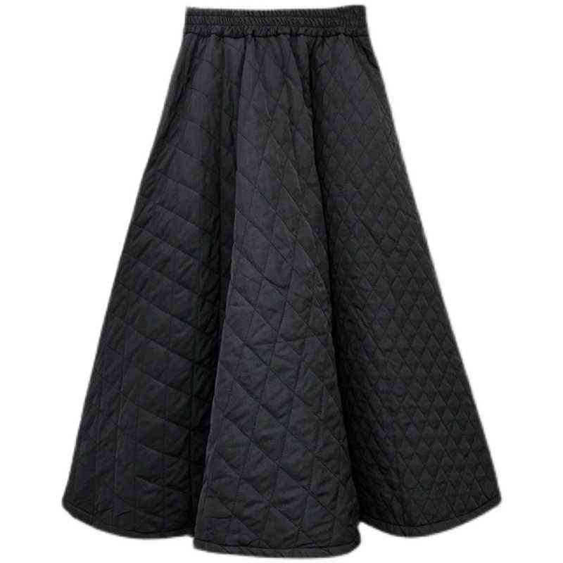 Korea Autumn Winter Women Skirt Elastic High Waist Rhombic Woven Quilted Cotton Solid Color A-Line Elegant Female 211119