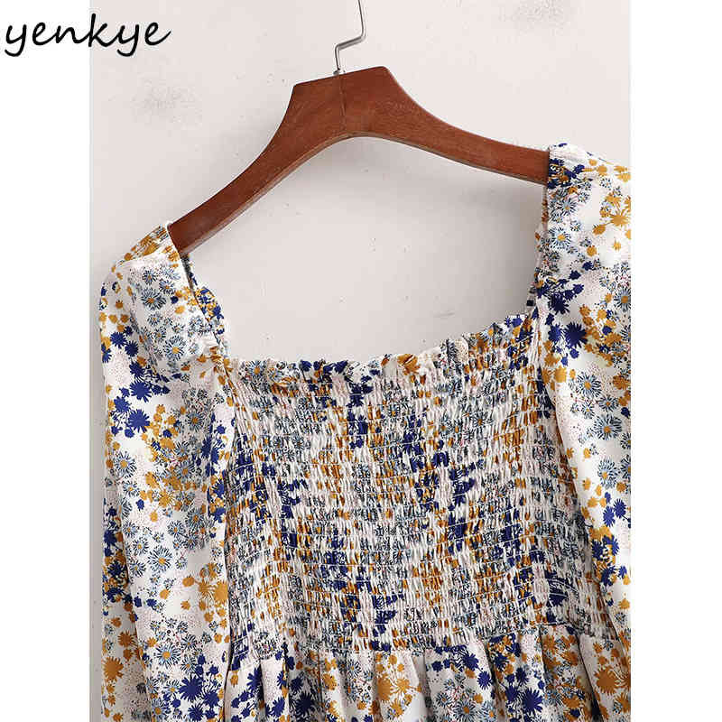YENKYE Spring Women Vintage Prairie Chic Floral Print Dress Female Square Neck Long Sleeve Robe Femme A-line Midi Casual Dresses 210515