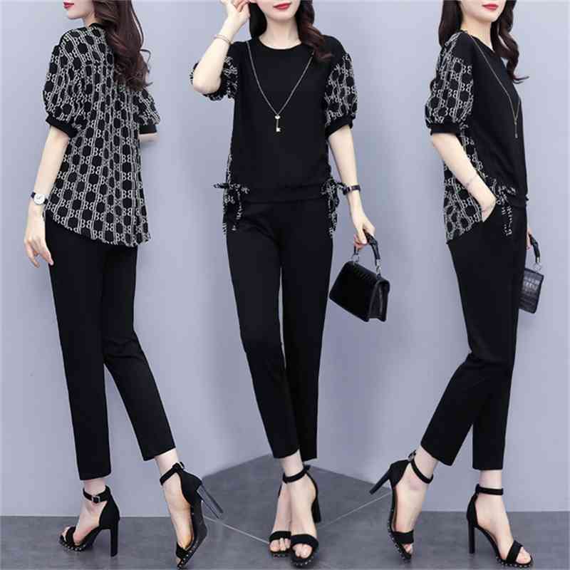 Summer Fashion Loose Pants Set Women 2 Piece Sets Plus Size Outfits Korean Short Sleeve Tunic Tops + Elastic Waist Suits 210514