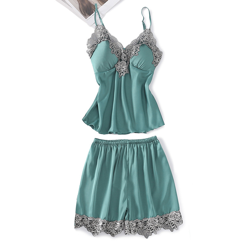 Solid Color Femmes Pyjama Ensembles de la dentelle Patchwork Mode Sleep Heighwear Nightwear 2021 Nouveau été Convient à Silk Nightwear 2 Morceau