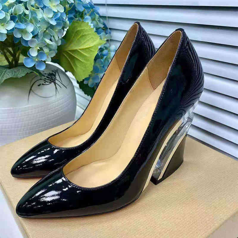 

Wedge High Heels Light Board Cowhide Unique Design Transparent Pointed 10CM Black Ladies -heeled Shoes 34-42S 7IX0, Photo color