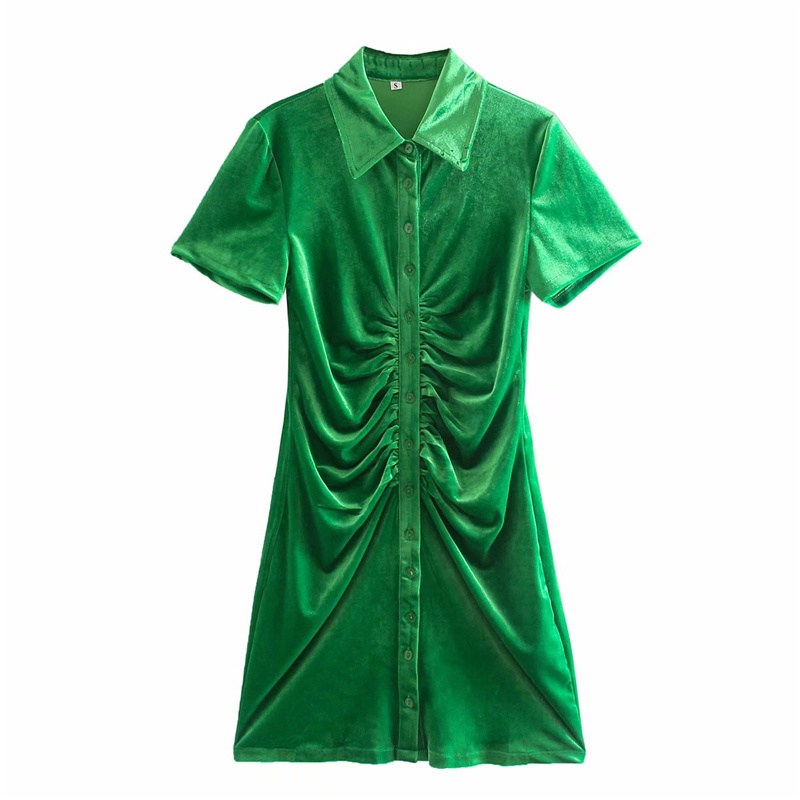 Vintage Woman Velvet Short Sleeve Shirt Dress Fashion Ladies Slim Mini es Female Streetwear Pleated 210515