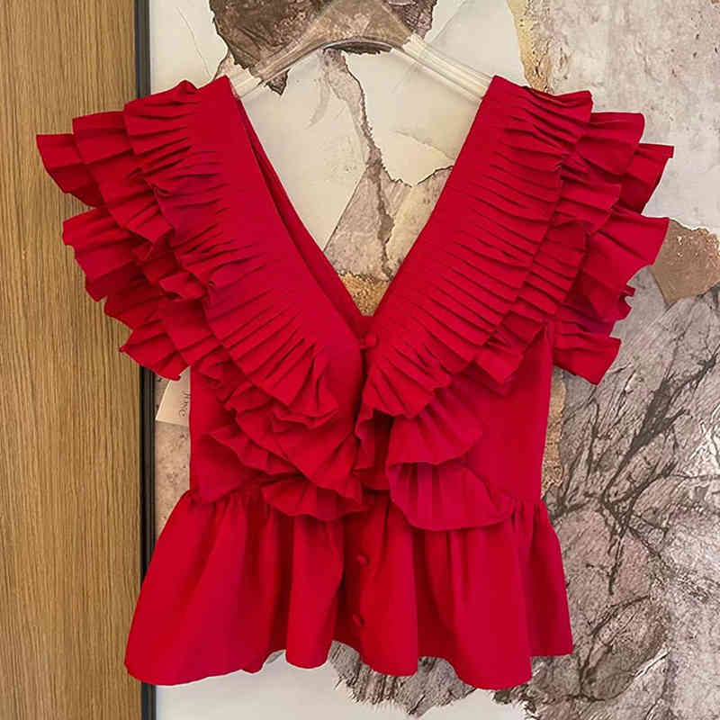 Vintage Patchwork Ruffle Shirt For Women V Neck Short Sleeve Elegant Blouse Female Fashion Clothing Style 210524