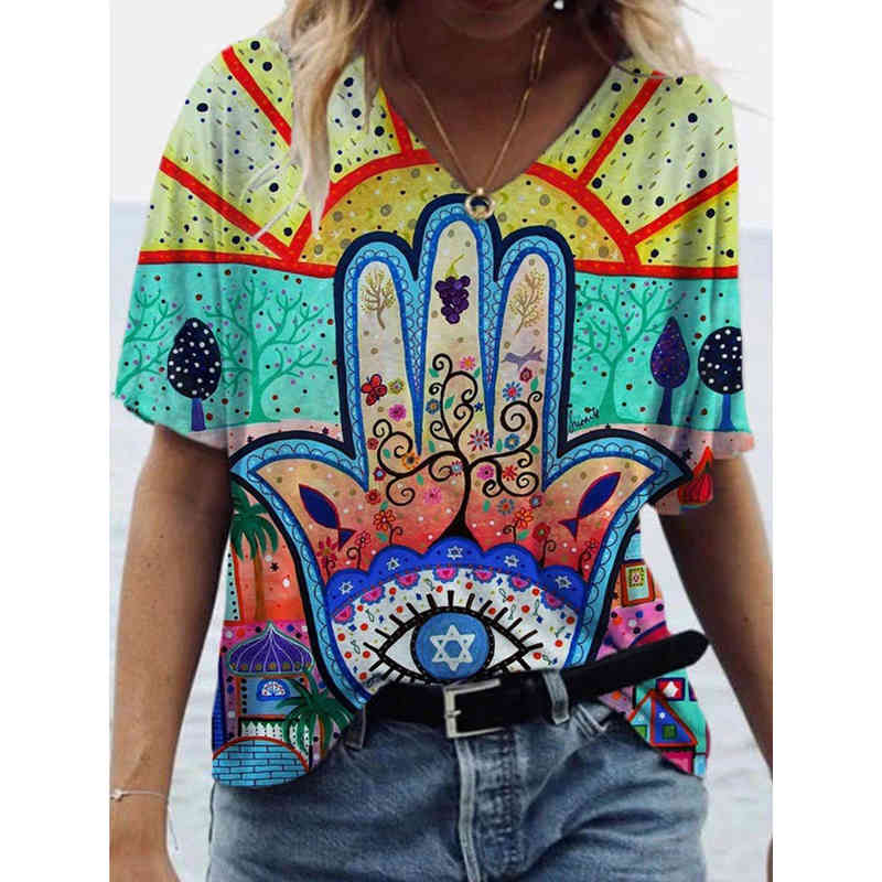 Harajuku Streetwear Tshirts Summer Vintage Printed Tops Women Casual Short Sleeve V-neck Plus Size Tee Shirt Femme Lady Clothes 210406