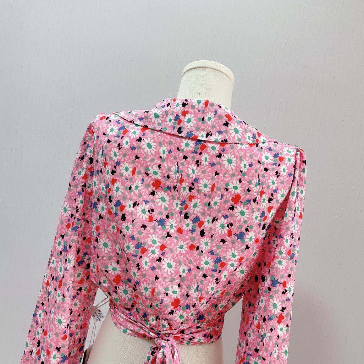 Korean Style Spring Blouse Women Pink Flower Puff Sleeve Top Ladies Elegant Peter Pan Collar Lace Up Bow Chic Blouse 210518