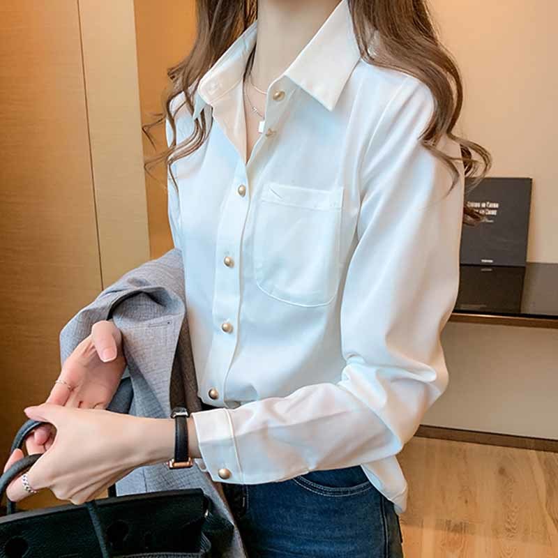 Office Lady Long Sleeve White Chiffon Blouses Women Solid Button Clothing Cardigan Shirts Blusas Mujer 10694 210518