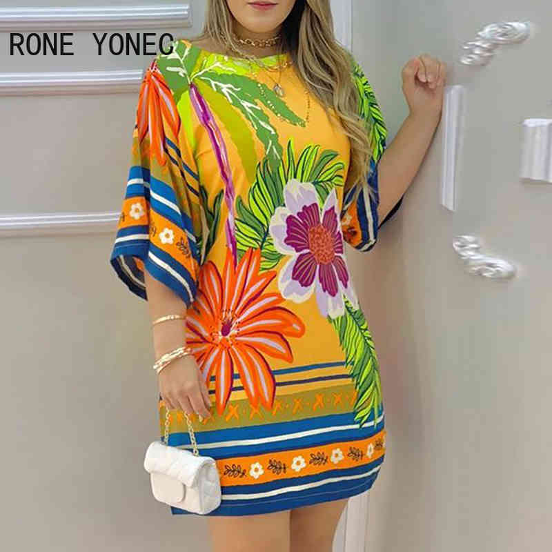 Women Elegant Dress Tropical Print Half Sleeve Casual Dress Summer Dress 210331