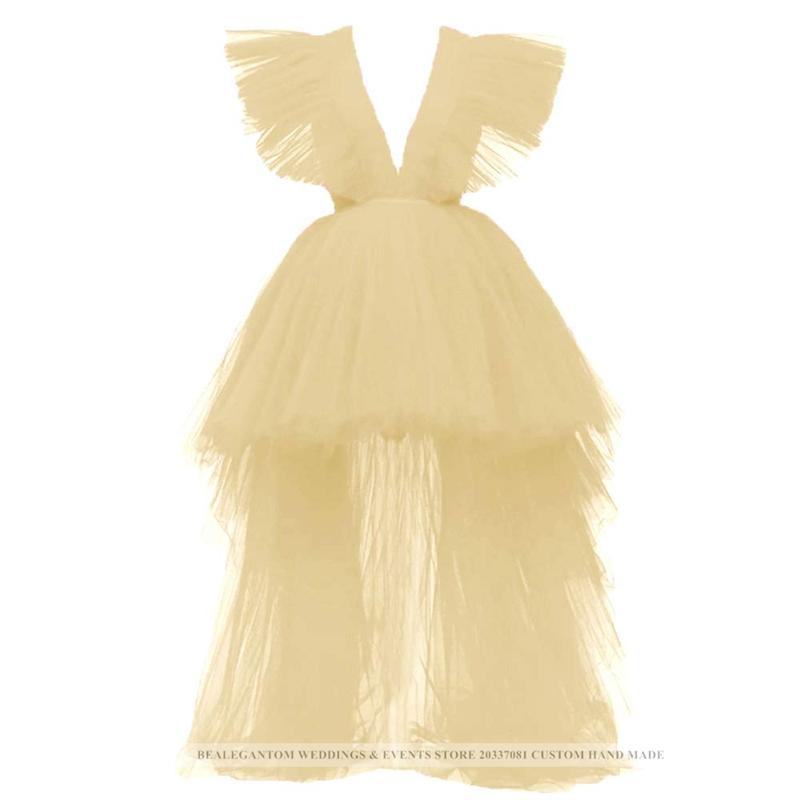 Sexy Deep V-Line Hi-Lo Tulle Formal Evening Dresses With Ruffles Prom Party Gowns BE02