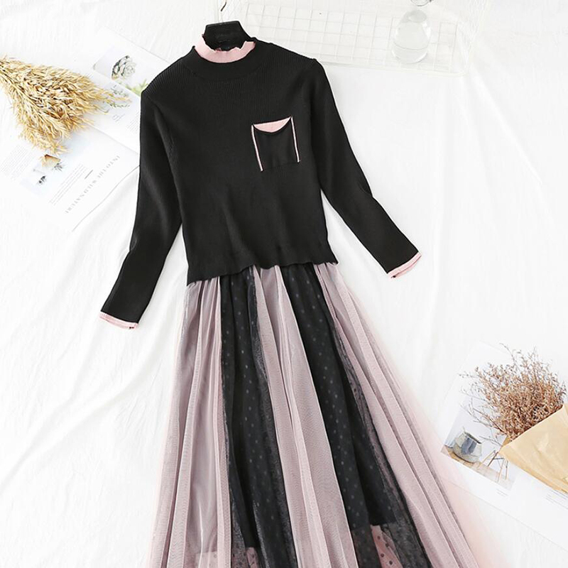 Women Knitted Dress Autumn Winter O-Neck Long Sleeve Knitt Patchwork Mesh Dresses Female Elegant Pleated Long Dress Vestidos 210521