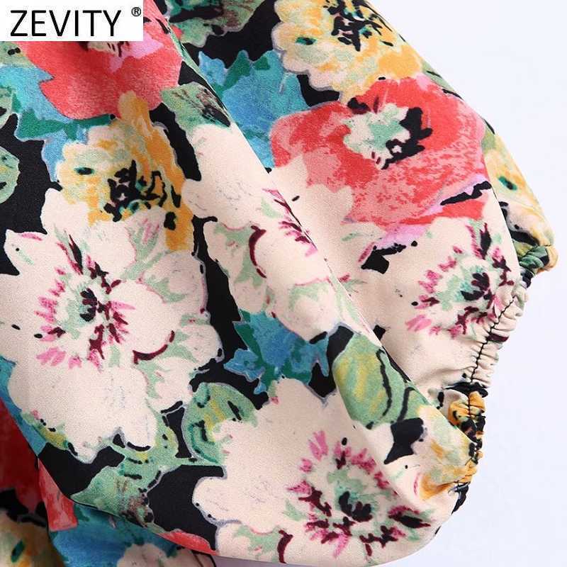 Zevity Women Vintage V Neck Puff Sleeve Elastic Waist Shirt Dress Female Chic Floral Print Casual Hem Ruffle Mini Vestido DS8275 210603
