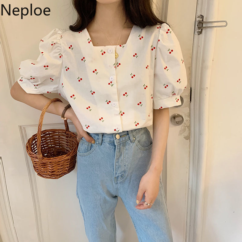 Neploe Vintage Print Cherry Women Blouses Square Collar Sweet Puff Sleeve Shirt Loose All-match Summer White Blouse Tops Female 210422