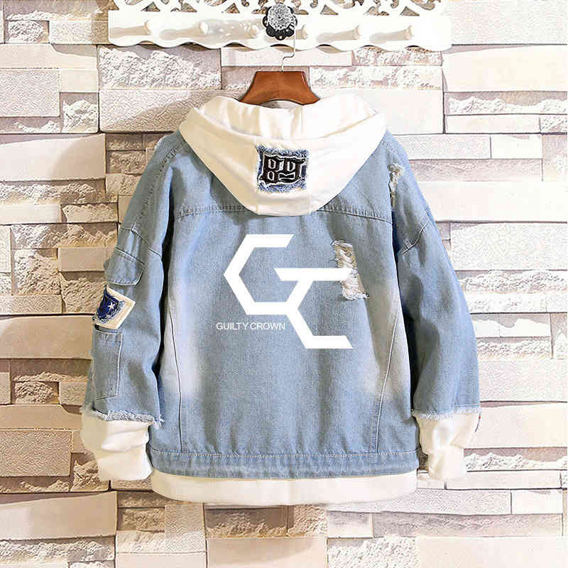 Anime Attack on Titan Unisex Streetwear Long Hooded Jeans Jacket Guilty Crown Death Note Harajuku Denim Patchwork Hoodies Coat 201004