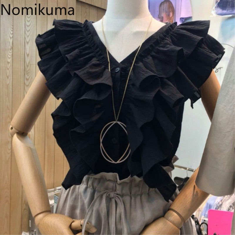 Nomikuma Women Shirts Blouses Korean Layered-ruffle Sweet Sleeveless V-neck Tops Causal Single Breasted New Blusas 6G083 210427