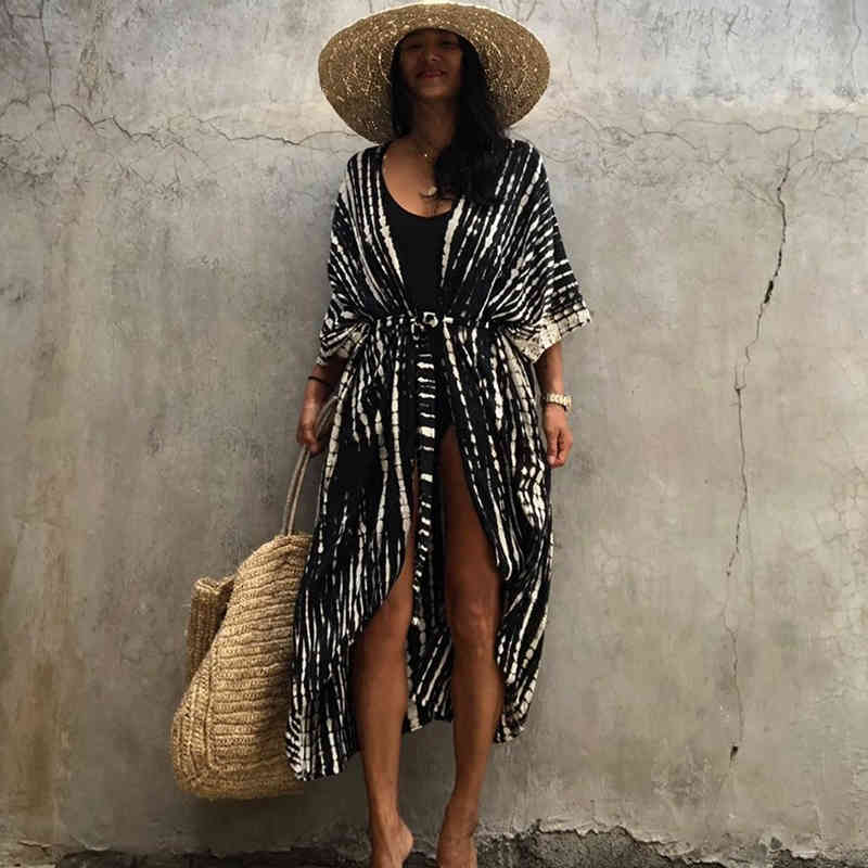 100% Cotton Bikini Cover-ups Black Retro Striped Self Belted Women Summer Kimono Dress Beach Wear Swim Suit Cover Up Q1225 210420