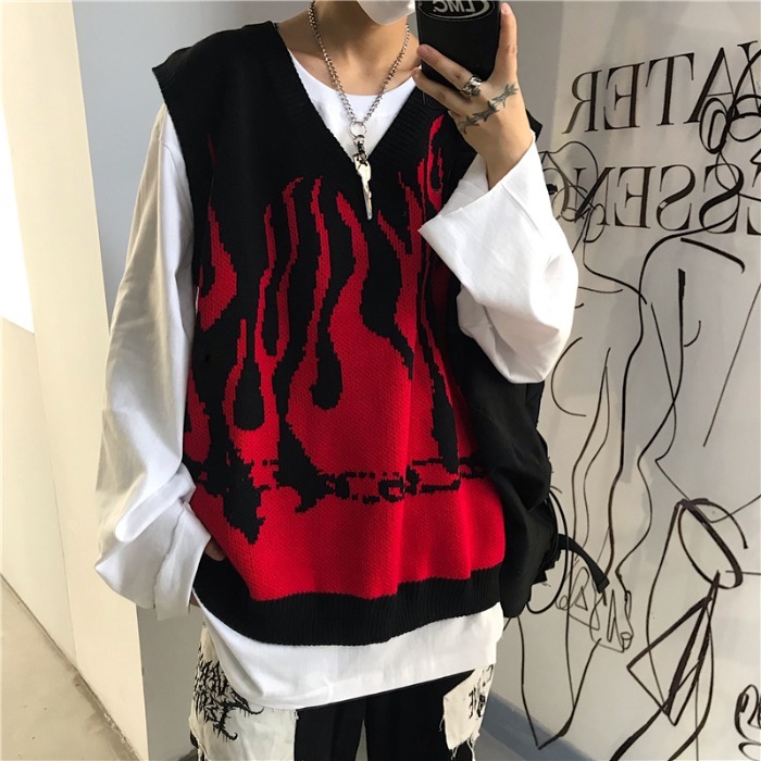 Sleeveless Knitted Sweater Tank Women Vest Vintage Flame Jumper Harajuku Streetwear Casual Woman Man Gilet Korean Fashion 210519