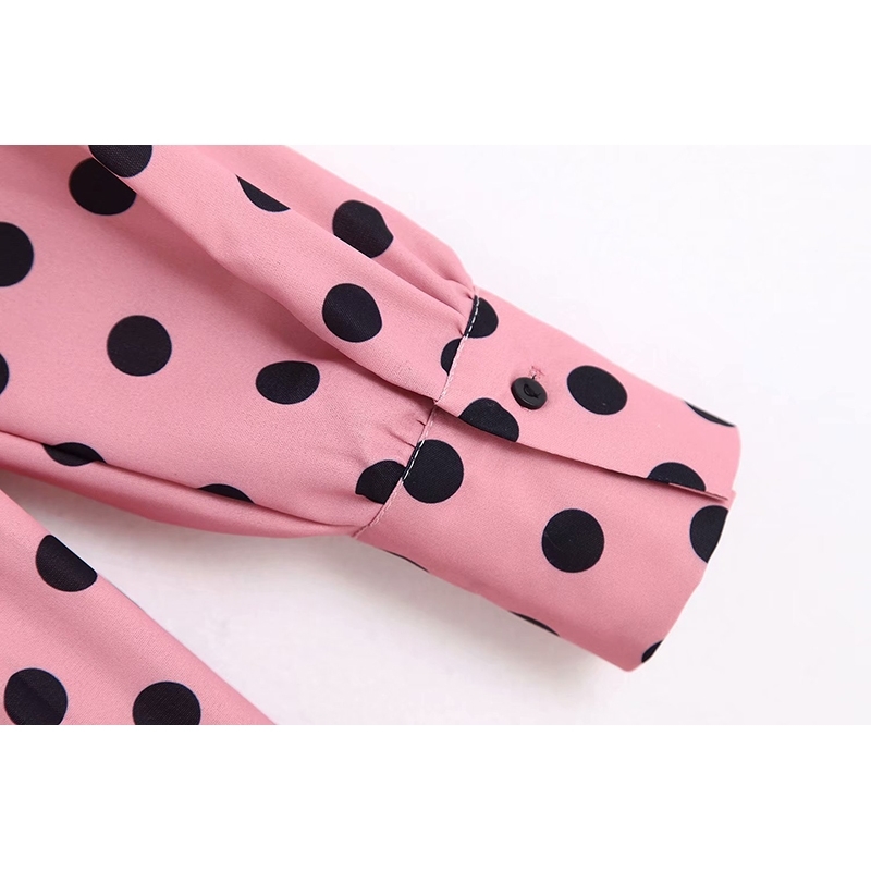Polka Dot Print Women Shirt Dress Bow Tie Collar Long Sleeve Pleated Dress Vintage Ladies Midi Office Dresses Vestidos 210414