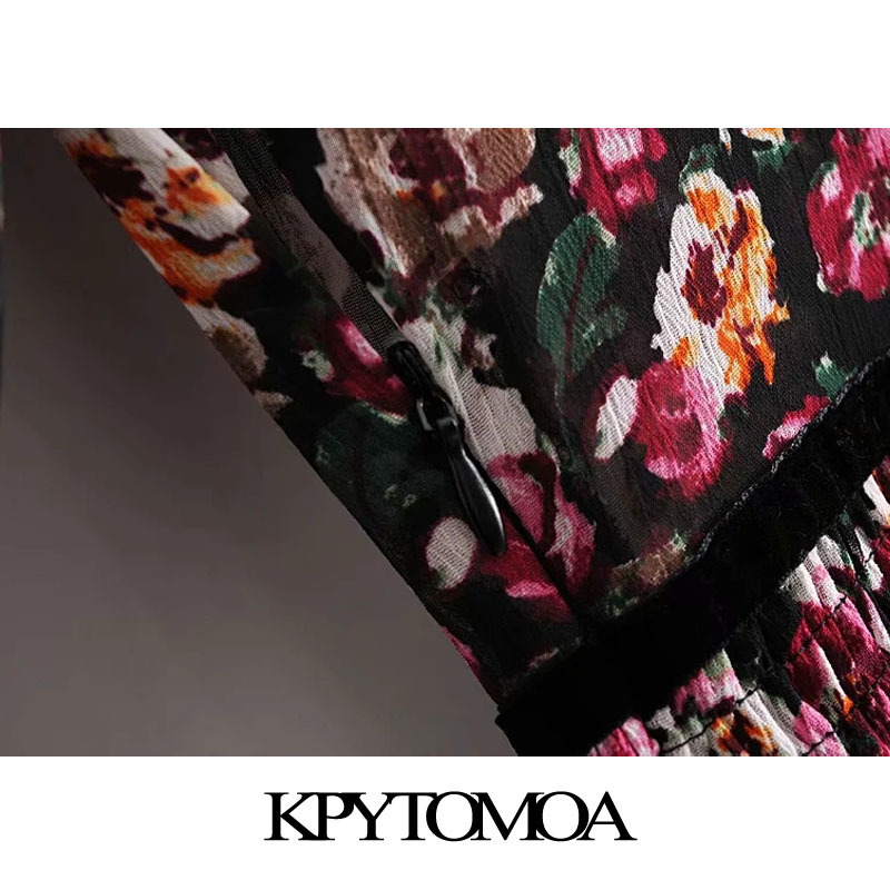 Women Fashion Patchwork Floral Print Chiffon Midi Dress Long Sleeve With Lining Female Dresses Vestidos 210420