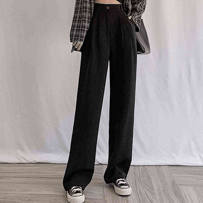 Casual Chic Loose High Waist Female Wide Leg Pants Spring Summer Ladies One Button Long Trousers Women Solid Suit 211115