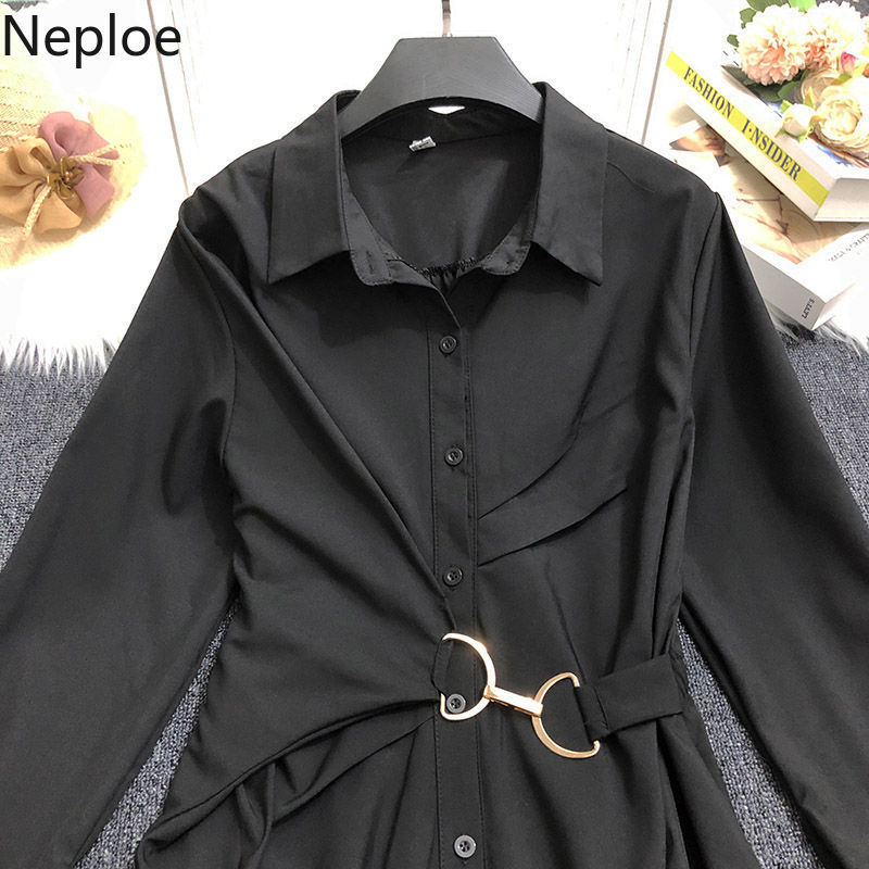 Neploe Chic Turn Down Collar Elegant Shirt Dress Women Spring Fashion Temperament Irregular Mini Dresses Slim Waist Vestidos 210422