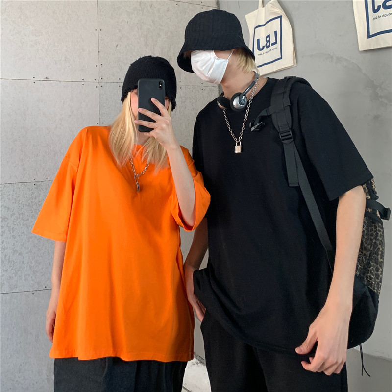 Cotton Fashion Loose All Match Plus Size Men Korean Chic Women Solid Oversize Brief Streetwear T-shirt 210421