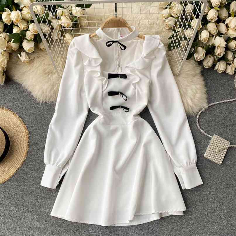 Spring Fashion Women Color Contrast Bow Long Sleeve High Waist Slim A-line Dress White Black Casual Clothes Vestidos R312 210527