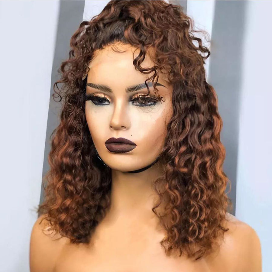 Synthetic Lace Front Simulation Human Hair Wigs Loose Curly 150 Density Media Brown Color 13x4 Deep Wave Wig For Black Women