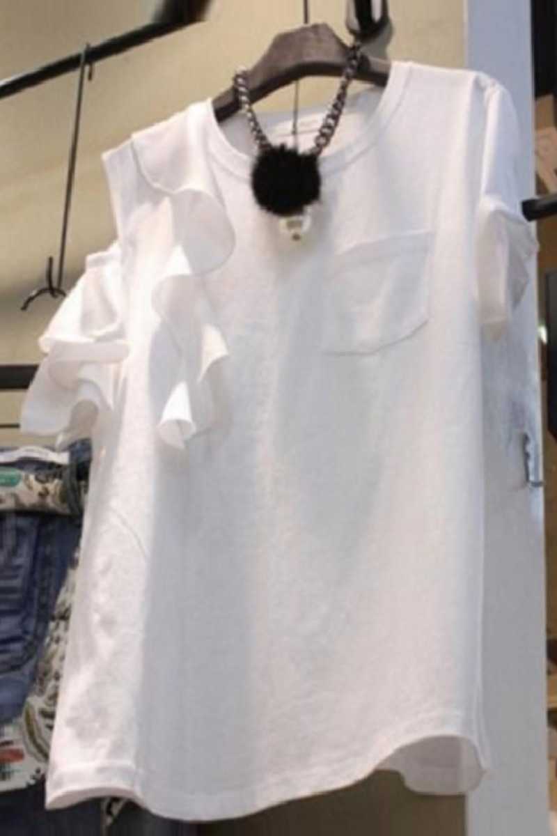 Spring Summer Ruffles Patchwork Off-the-shoulder Hollow Out Short-sleeved Solid White T-shirt Women's Tops 210615