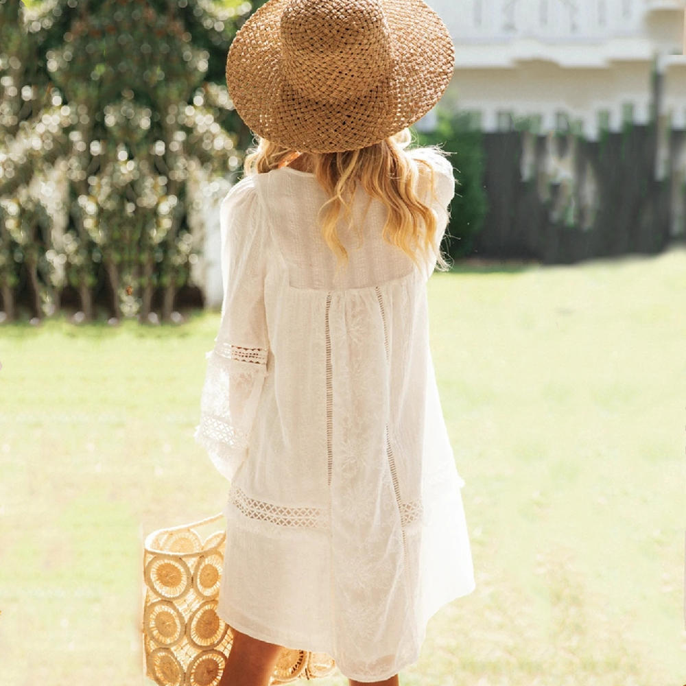 Caftan Cover-ups Sexy Hollow Out Summer Beach Dress White Cotton Tunic Women Plus Size Wear Swim Suit Cover Up A770 210420