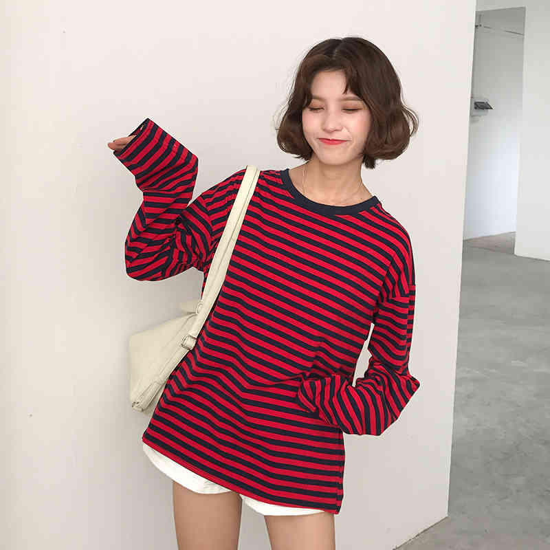 New Vintage Fashion Basic Loose Casual Striped All Match Simple Long Sleeve Female T-shirts 210406