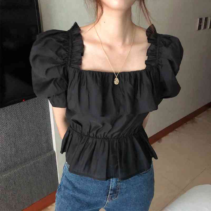 Nomikuma Women Blouse Ruffle Square Collar Puff Sleeve Shirt Summer New Slim Waist Short Blusas Feminimos Top 6H286 210427