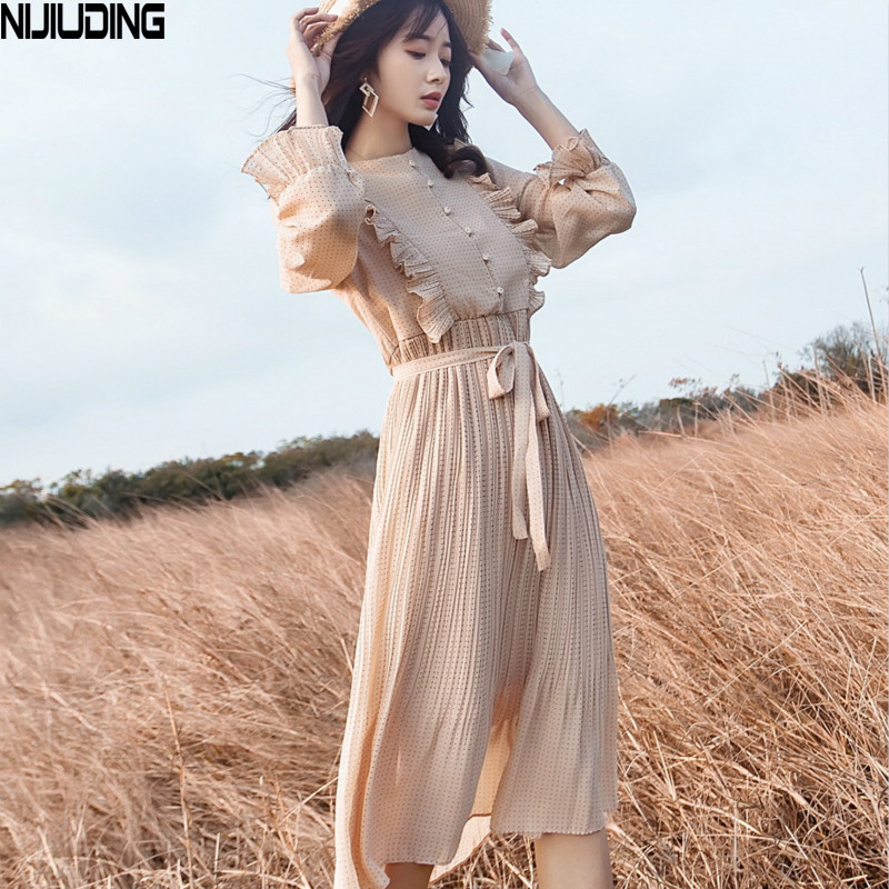 Spring Summer Chiffon Dresses Long Sleeve Polka Dot A-line Pleated Women's Ruffles Flare Party 210514