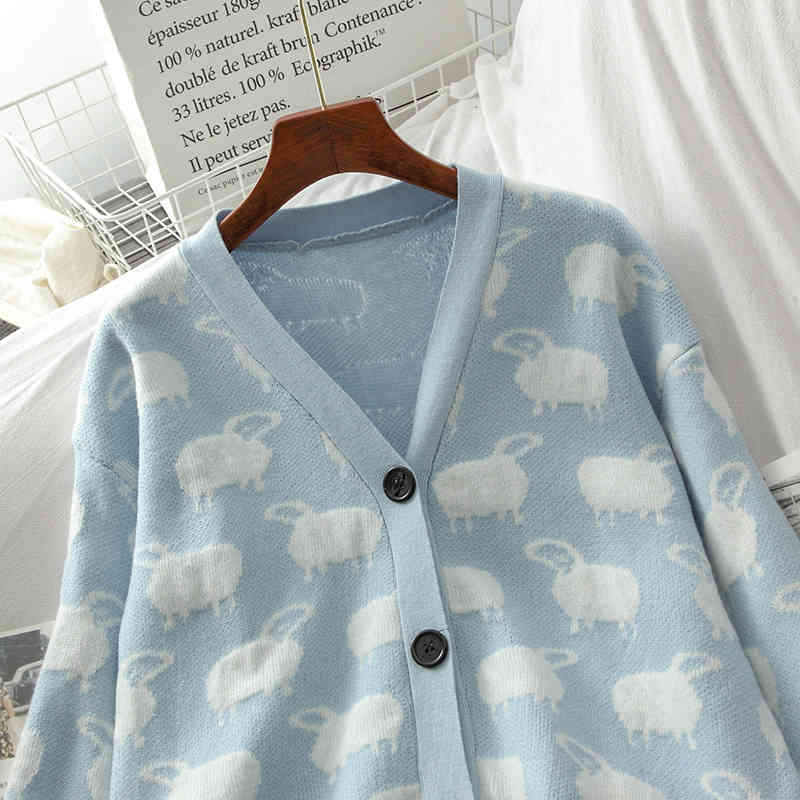Kimutomo Cute Cartoon Sheep Knitted Cardigans Girls V-neck Long Sleeve Single Breasted Sweater Outwear Casual Spring Thin 210521