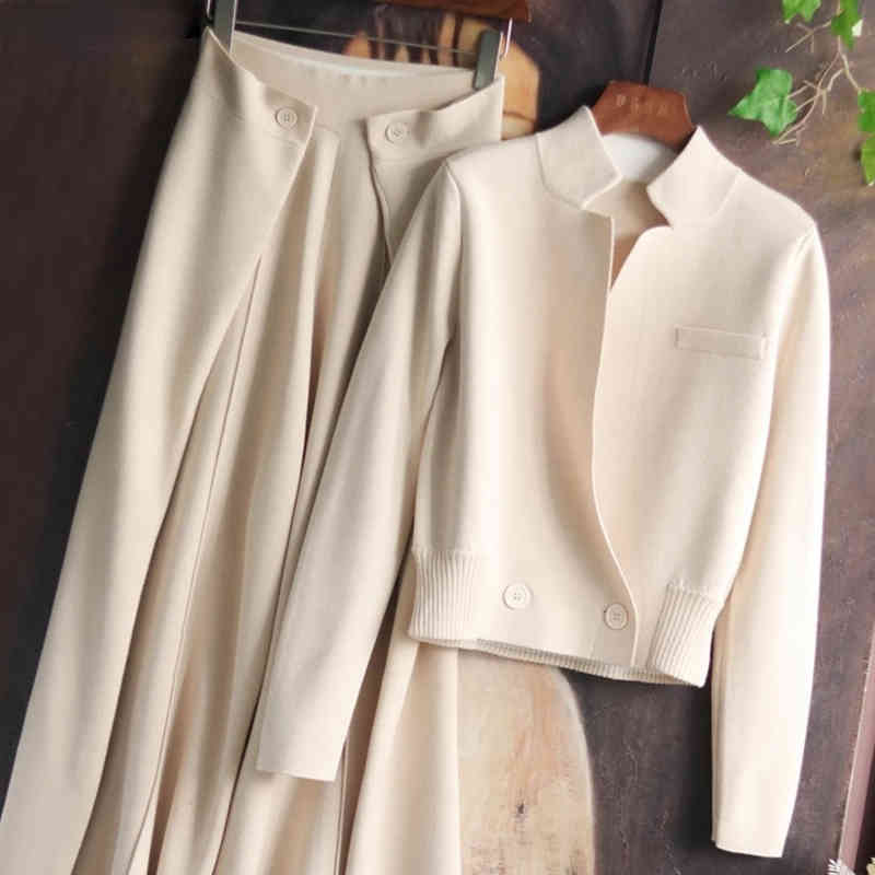 Autumn Lapel Knitted Sweater Cardigan Coat Wool Top + Wide Leg Pants Two Piece Set Casual Elegant Fashion Korea
