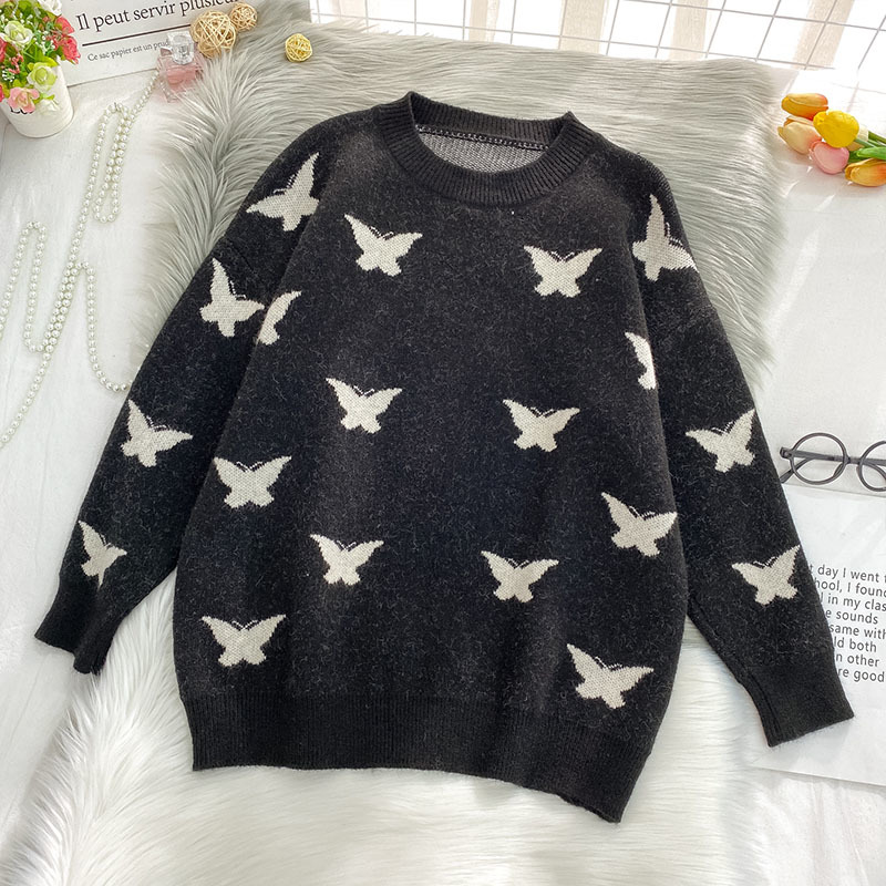Basic Loose Sweater Harajuku Butterfly Jumpers Women Autumn Winter Soft Warm Long Sleeve Female Knitted Pullovers 210422