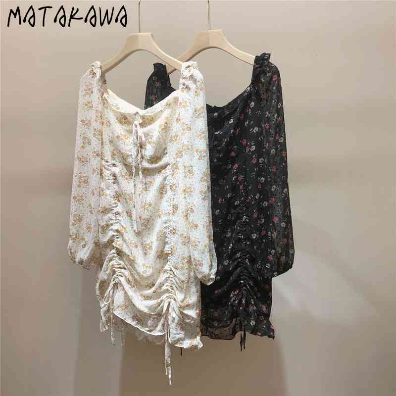 MATAKAWA Long-sleeved Slim-fitting Bodycon Dress Romantic Summer Robe Drawstring Ruffled Dresses Square Neck Floral Vestidos 210513
