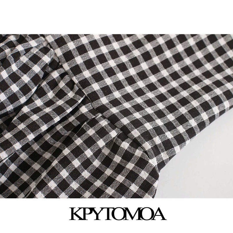 Women Sweet Fashion Ruffled Elastic Smocked Plaid Midi Dress Short Sleeves Waist Female Dresses 210420