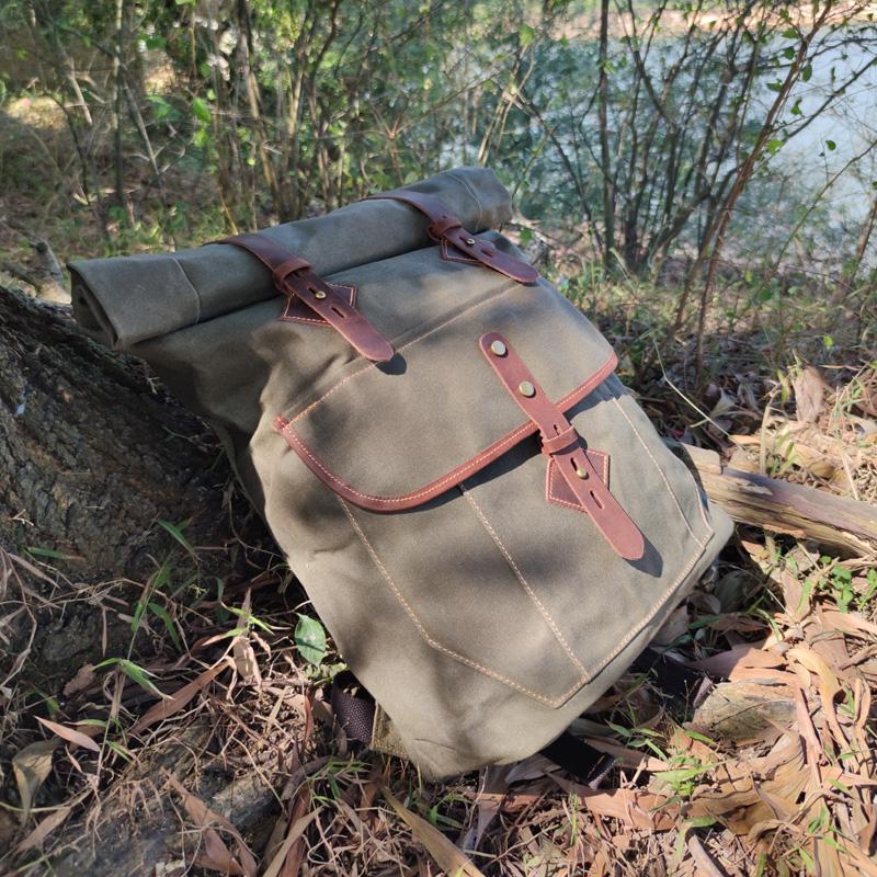 Roll Top Backpack Leather Waxed Canvas Retro Hiking Bag Anti Theft Travel Waterproof Men Laptop Bags