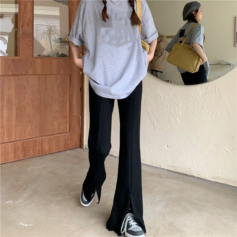 Loose Solid Elastic-Waist Party Thin Split Trousers High Waist Prom Summer Vintage Femme Retro Casual Pants 210421