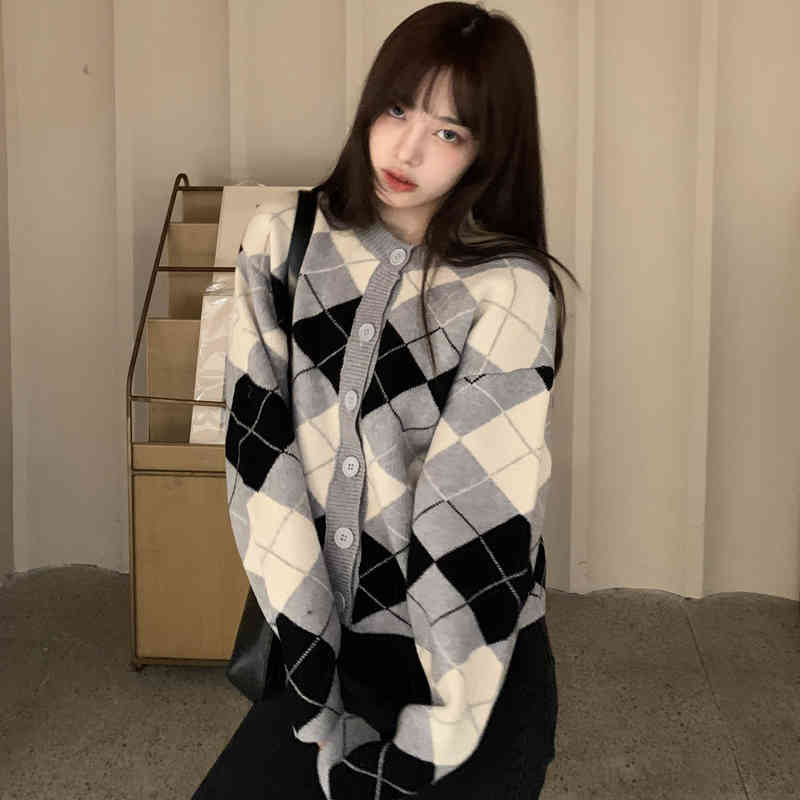 2Colors autumn and winter korean style o neck knittd cardigans womens loose plaid Vintage sweaters cardigan womens(C9908) 210423