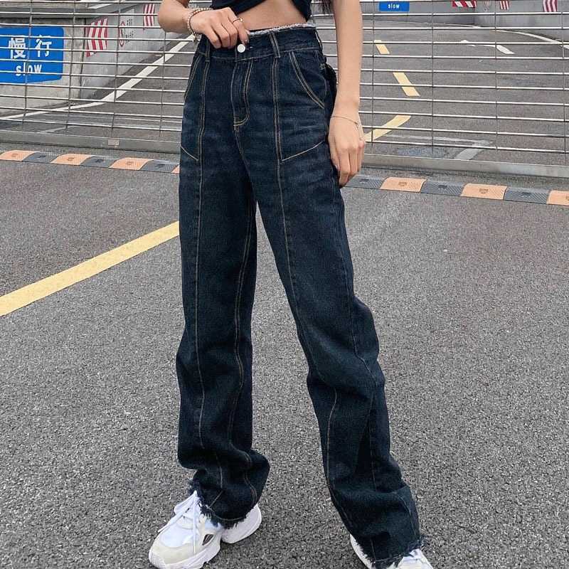 SHENGPALAE Harajuku Style Removable Letter Pocket Jean's Spring High Waist Loose Wide Leg Denim Pants 5B817 210922