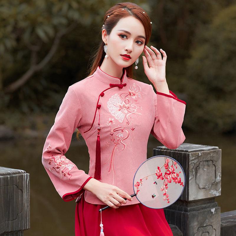 

Ethnic Clothing Cheongsam Women Plus Size Tops 2021 Autumn Cotton Embroidery Splicing Stand Collar Long Sleeves Chinese Style Qipao Shirts W