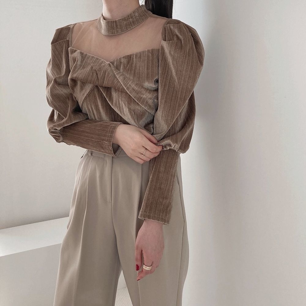 Elegance Puff Sleeves Patchwork Women Slim Gentle Mesh Work Wear Stylish Brief Office Lady Basic Shirts 210421