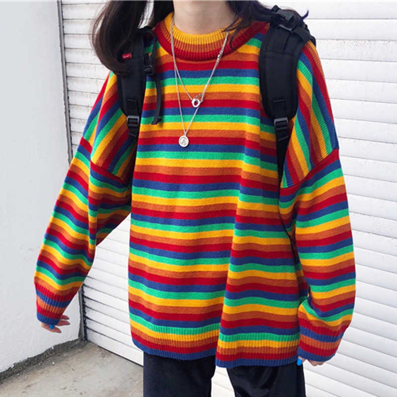 Women's Jumper Cute Kawaii Loose Ins Thick Style Colorful Striped Sweater Lady Harajuku Chic Sweaters For Women Retro 210812