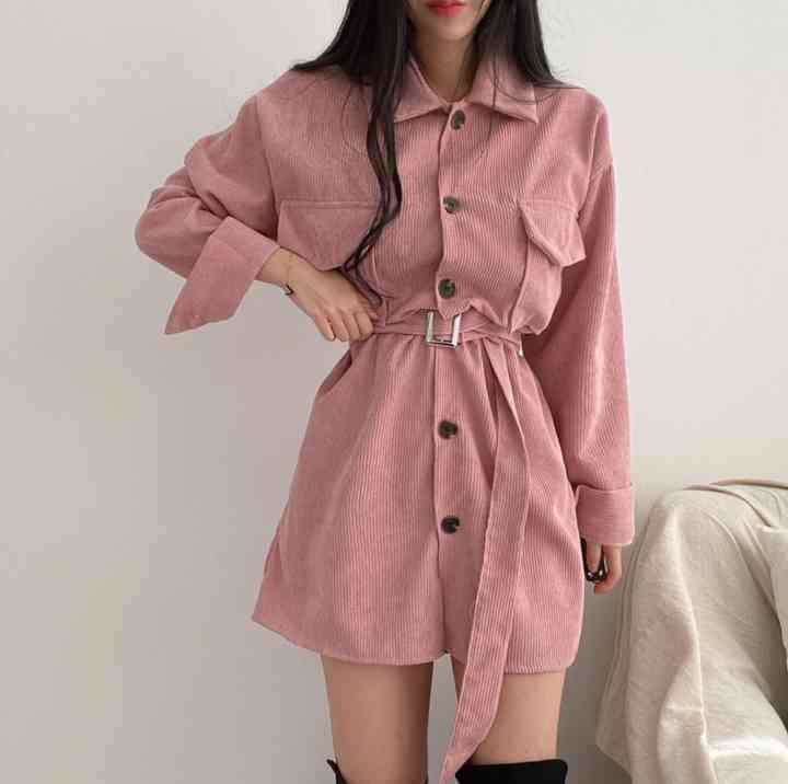 Retro Single-breasted Corduroy Women Mini Dresses Spring Autumn Long Sleeve Turn Down Collar Sexy Short Dress With Belt Pocket 210514